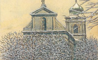 Pohled na kostel od západu na kresbě Jana Jiraucha