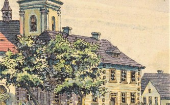 Stará farní škola na kresbě Jana Jiraucha z roku 1946
