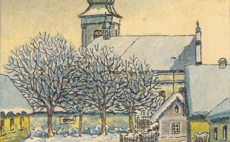 Pohled na kostel ze severu na kresbě Jana Jiraucha