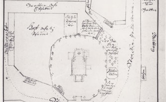 Situační mapa areálu kostela v době jeho stavby ve 30. letech 18. století